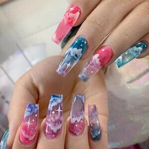 48 Pcs 2 Sets Y2K Candy Color Long Ballet Press On Nails Fake Starry raver 90s